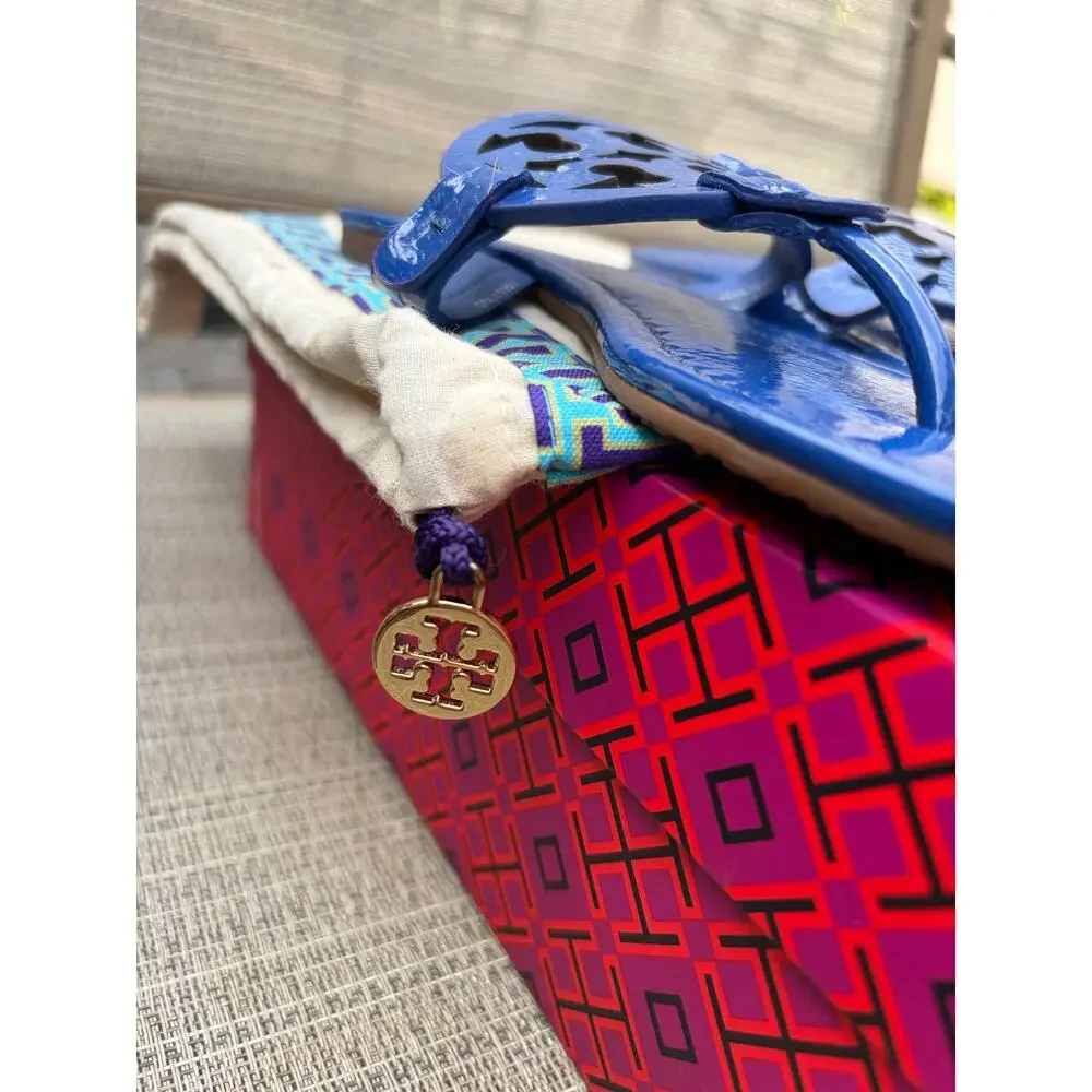 Tory Burch Miller Naplak Patent Leather Sandal Nautical Blue Thong Flat 6.5